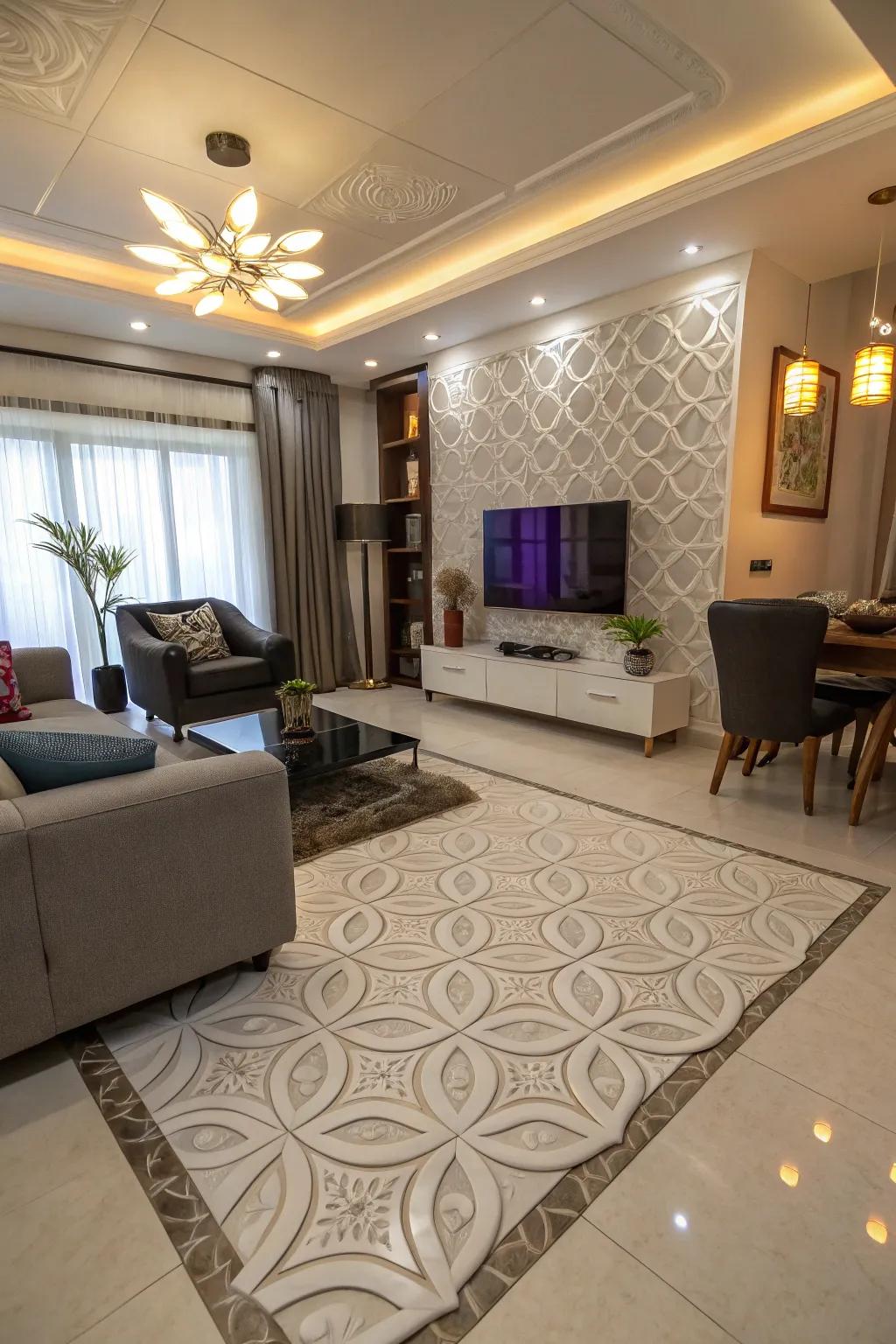 Modern lounge featuring striking 3D tiles.