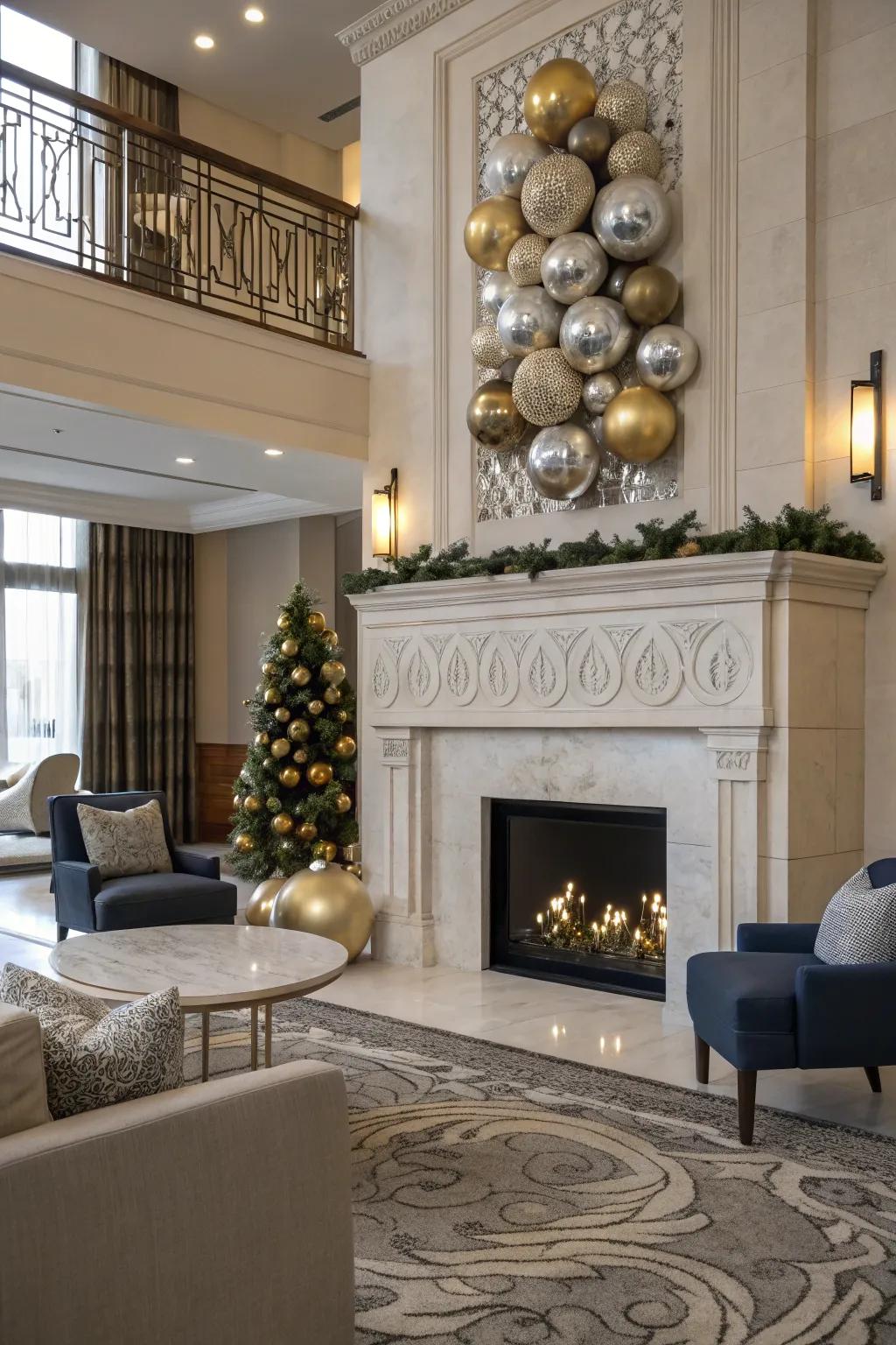 A modern living space showcases decorative spheres arranged artfully in the fireplace.