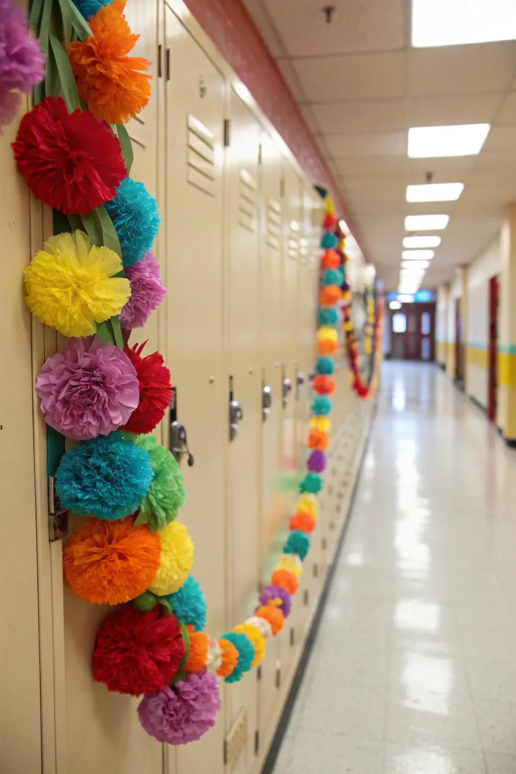 A locker adorned with a cheerful homemade chain for a festive appearance.