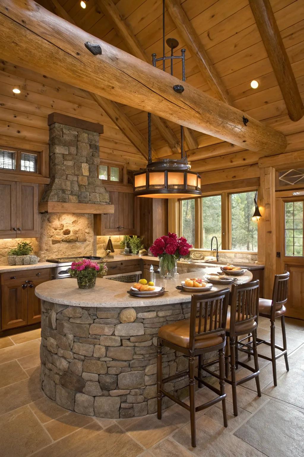 A breathtaking circular rock island is used as the centerpiece of this kitchen.