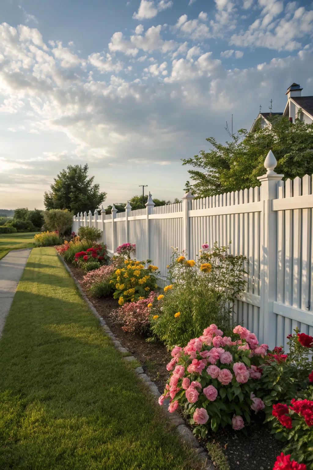 A plastic picket fence furnishes a traditional aesthetic with minimal maintenance.