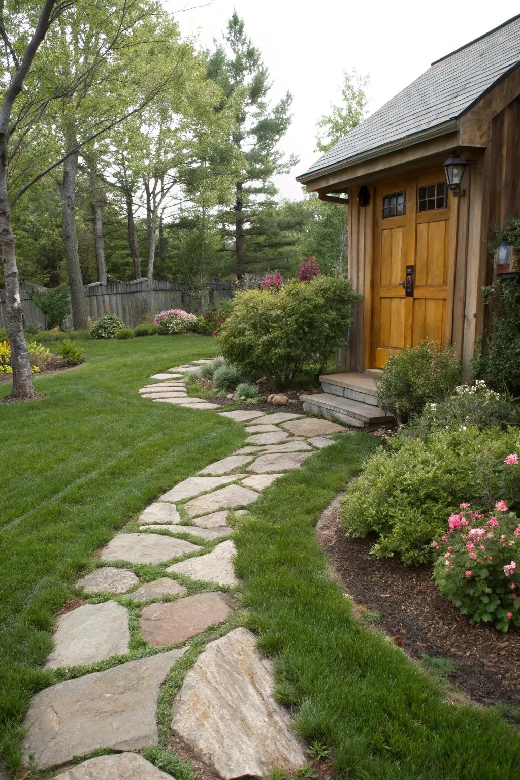 A natural boulder pathway provides countryside allure to the yard.