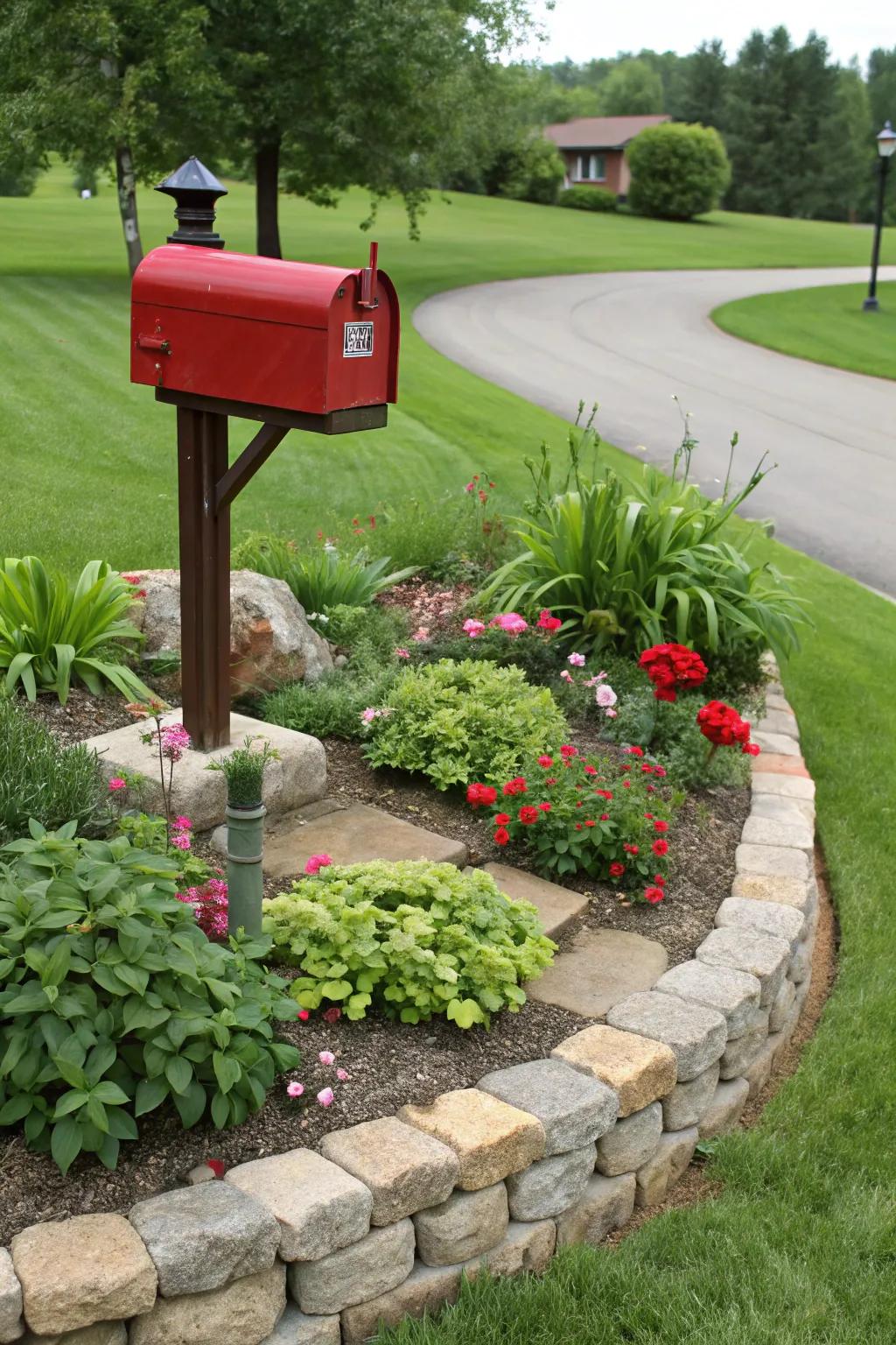 Stone borders enhance mailbox garden plots with defined boundaries.