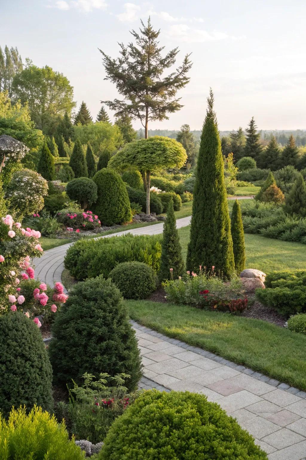 Constant greenery provides year-round framework amidst perennials.