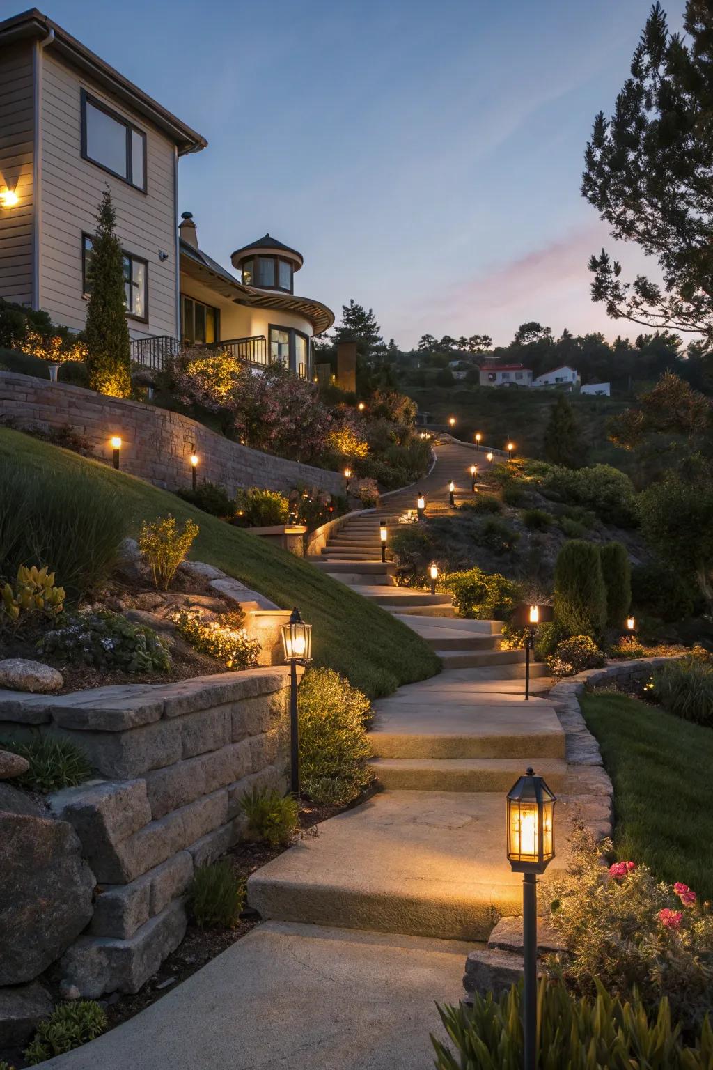 Solar lighting enhances safety and ambiance on sloping yards.