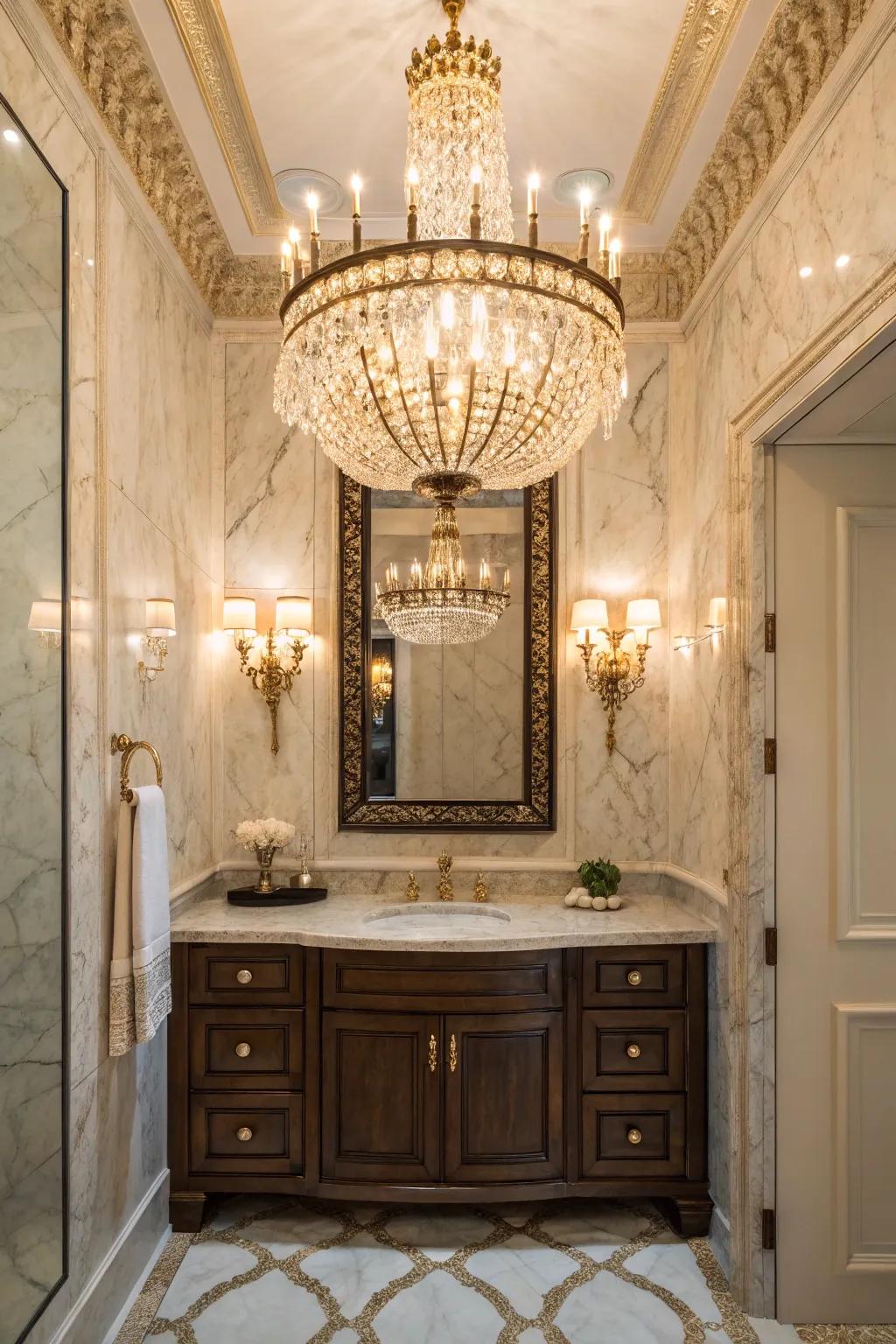 Statement lighting transforms this bathroom into a captivating area.