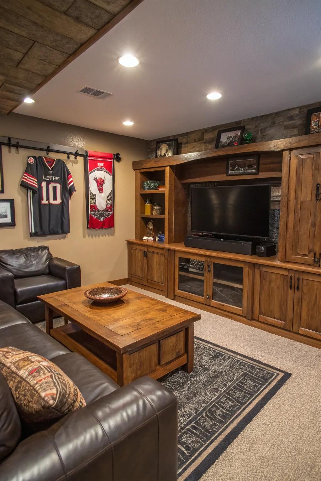 Ingenious storage solutions ensure this man cave remains free of clutter.