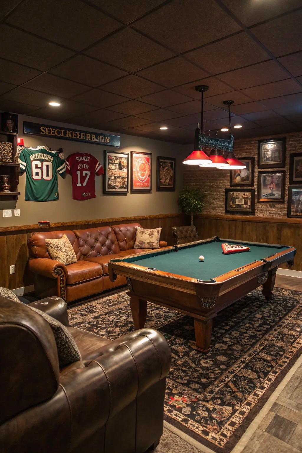 A sophisticated pool table recess for amusement within a man cave.