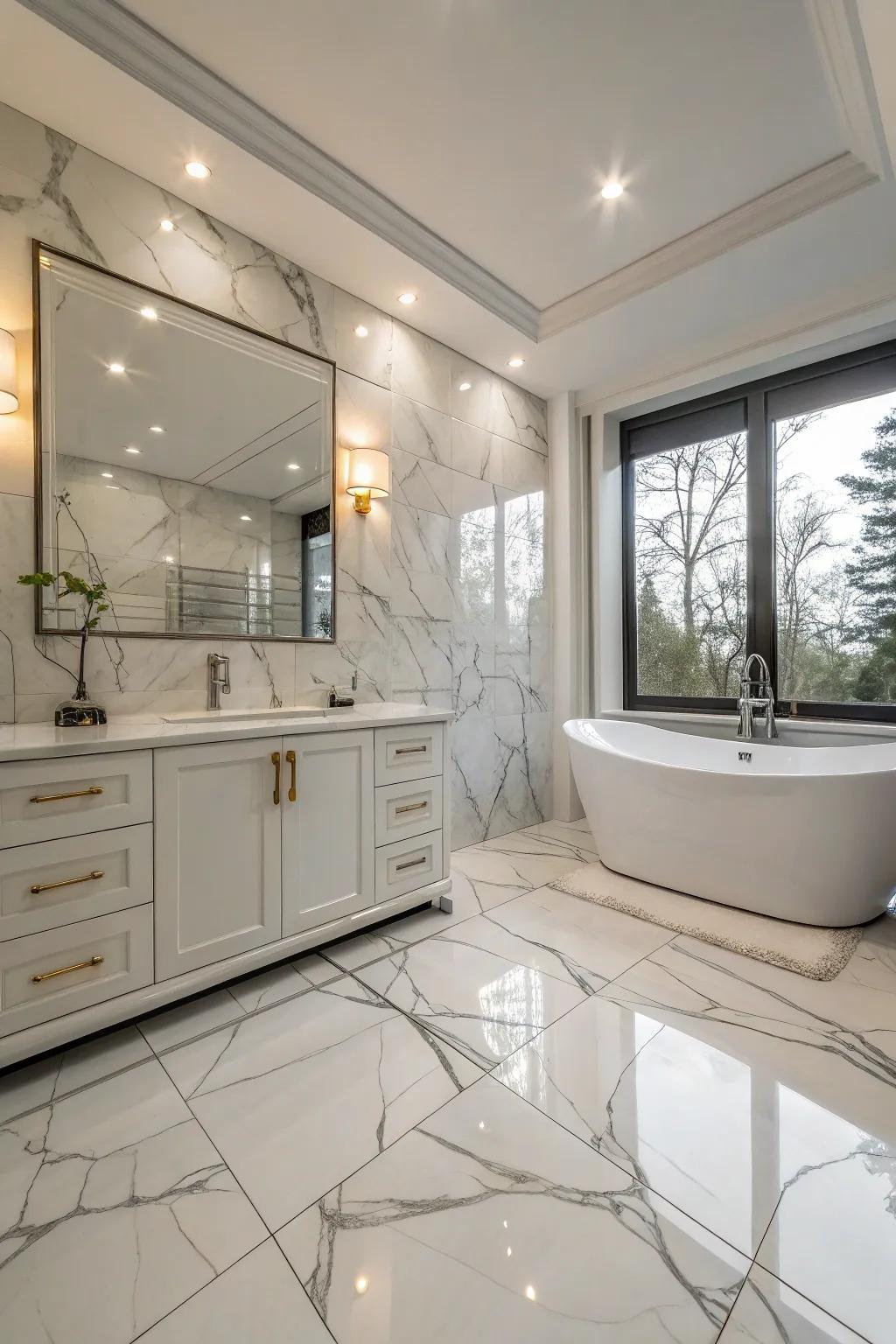 Floor-to-ceiling limestone-effect porcelain tiles create a seamless and expansive atmosphere.