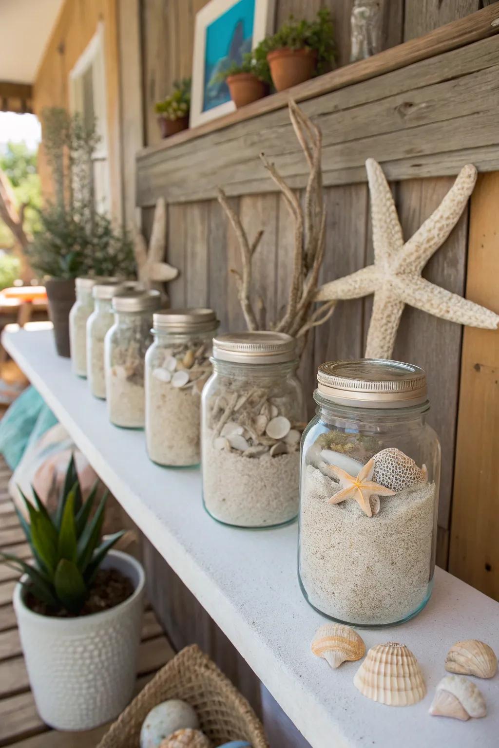Transport the shoreline indoors through seashell displays within glass jars.