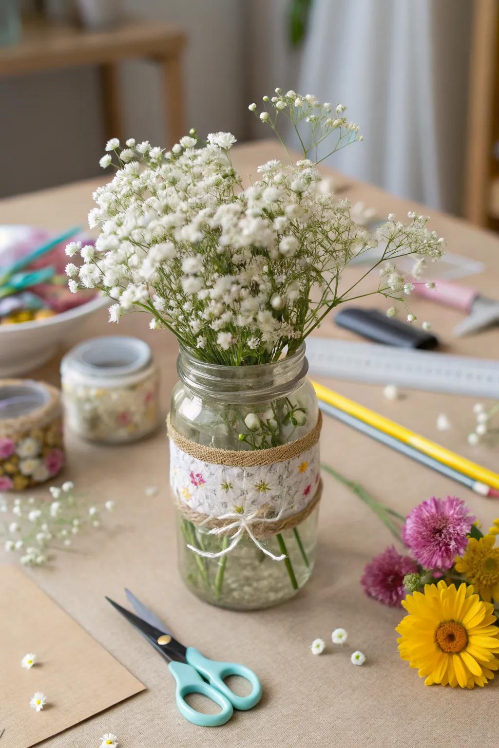Nature-inspired resplendence through the utilization of compacted blossom repurposed jars.