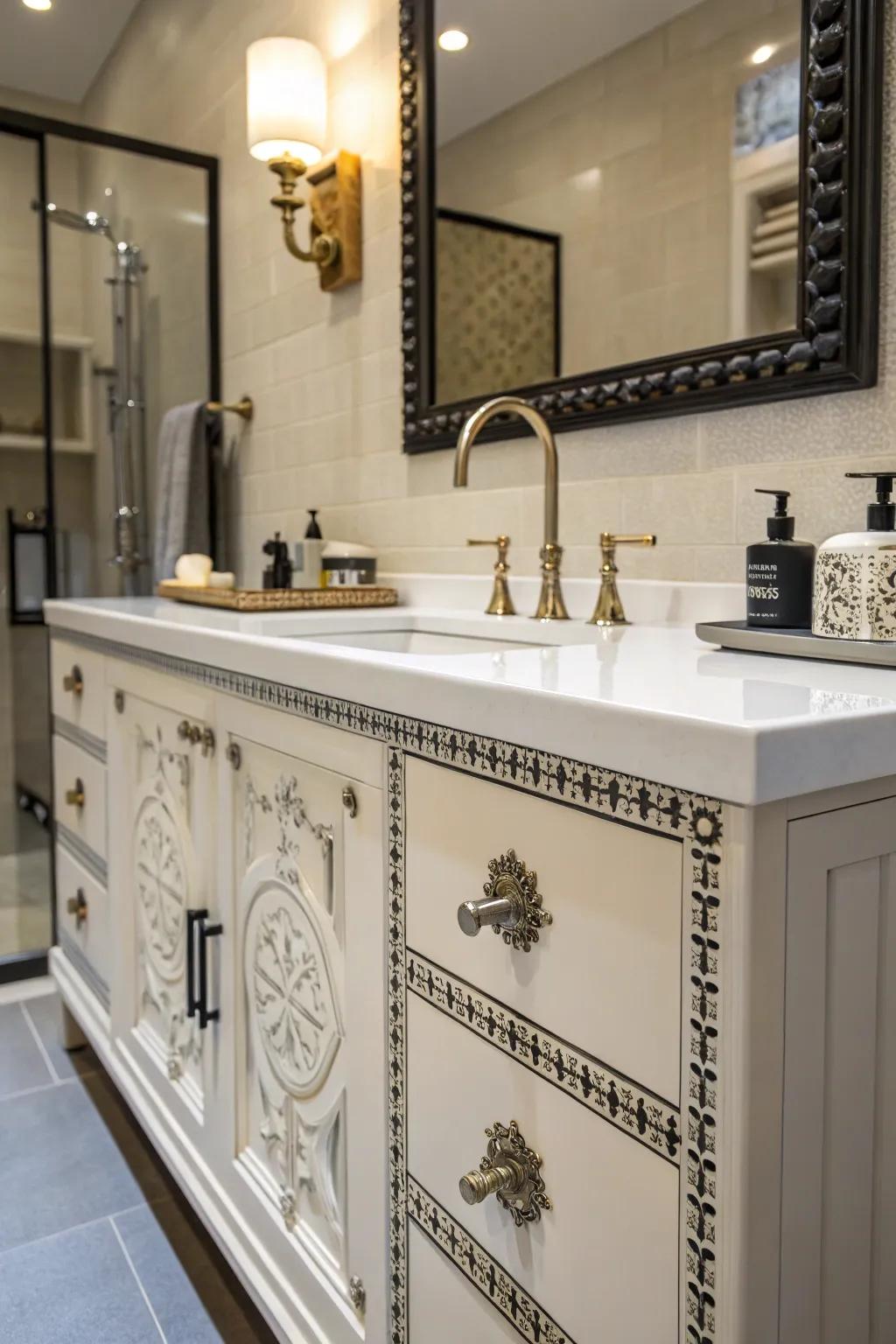 A restroom vanity showcasing distinct, complex hardware to provide an extra touch of flair.