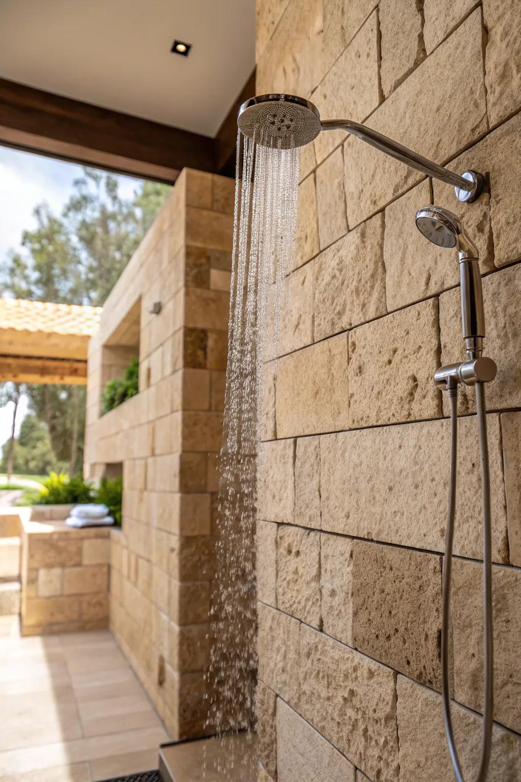 A shower stall exhibiting textured chalkstone pavers for a soothing, native vibe.