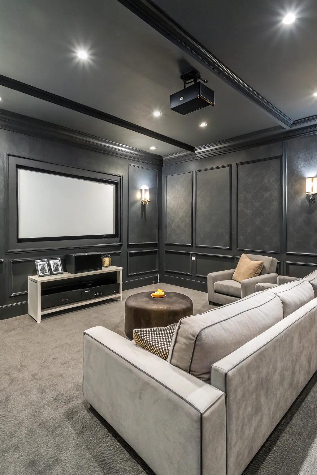 A streamlined media room featuring pencil lead walls, illustrating modern sophistication.