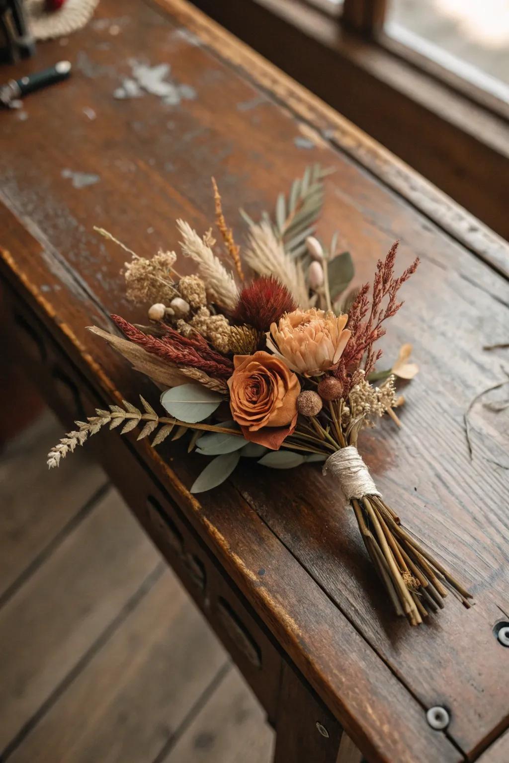 Dehydrated florals fashion a vintage-inspired boutonniere.