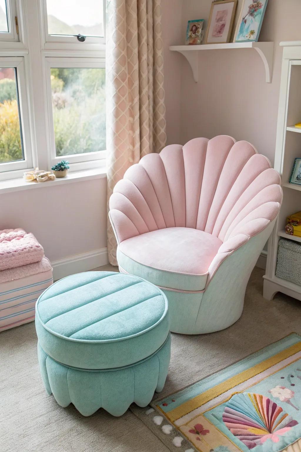 Shell-shaped furniture adds a sculptural touch.