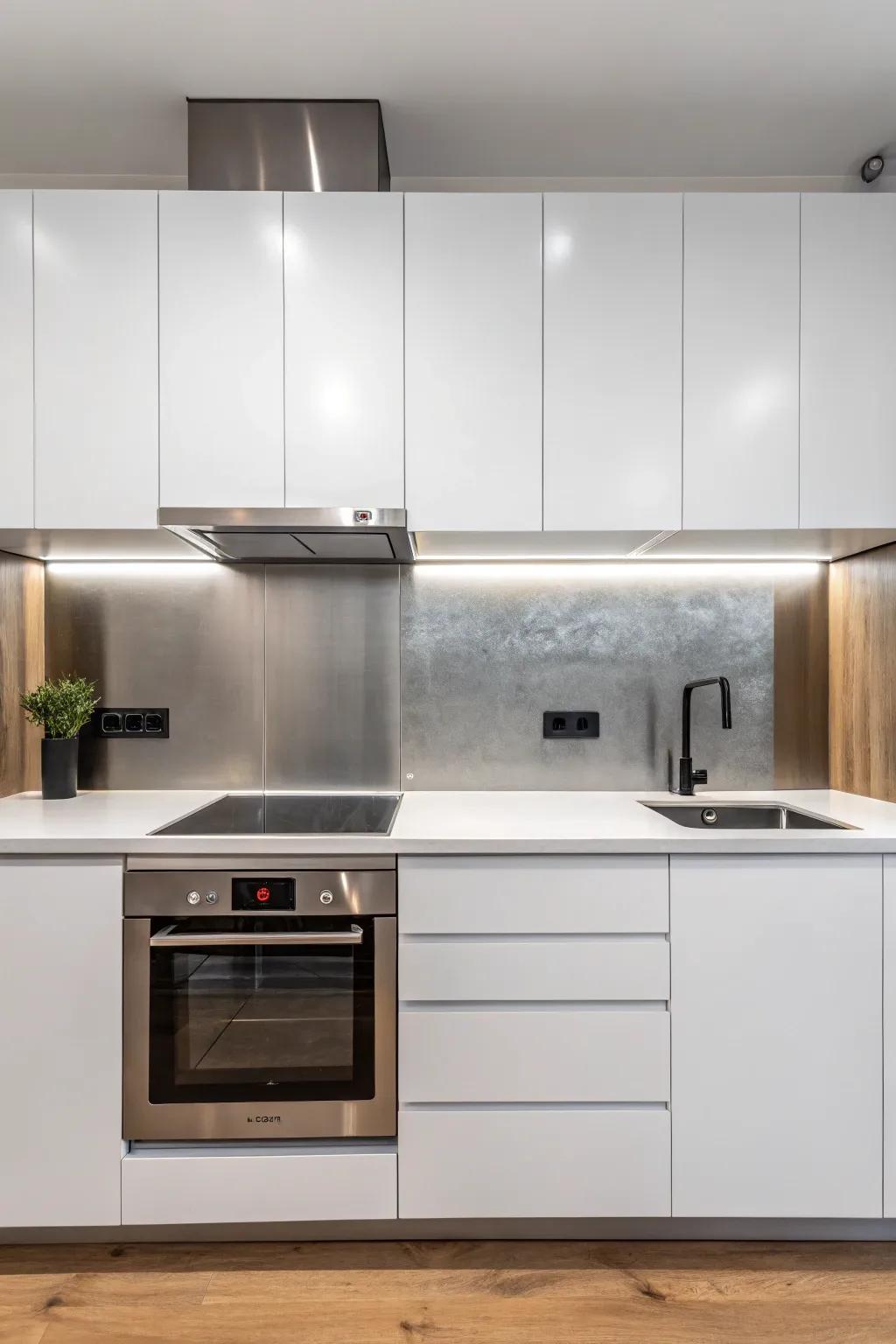 A minimalist kitchen featuring a SatinMetal finish backsplash.