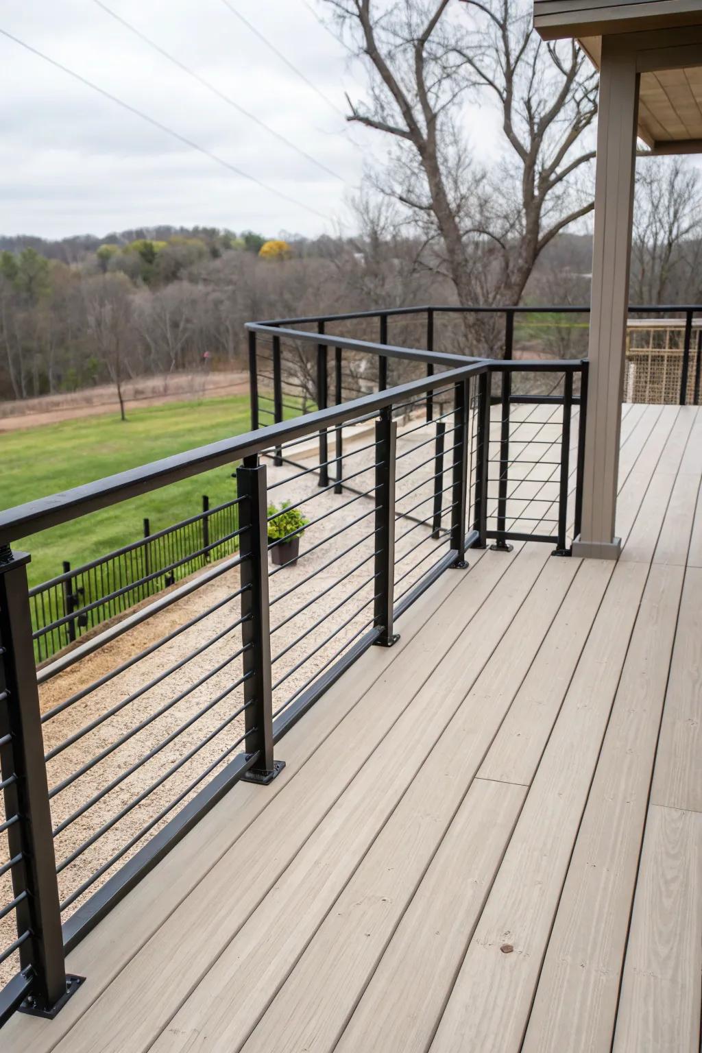Railings in striking black evoke a dramatic and elegant contrast.