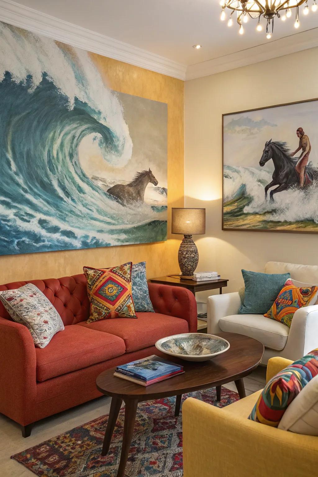 Waves transform into equines, infusing vibrant energy into your decor.