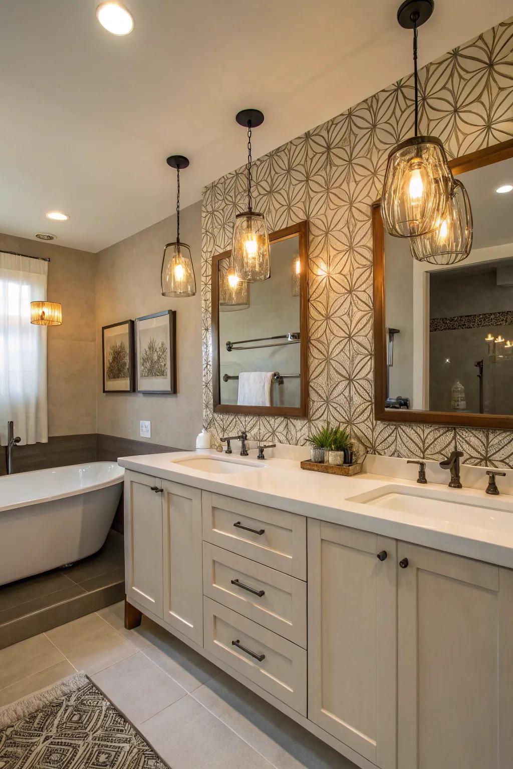 Pendant lights introduce a dramatic flair to the vanity section.