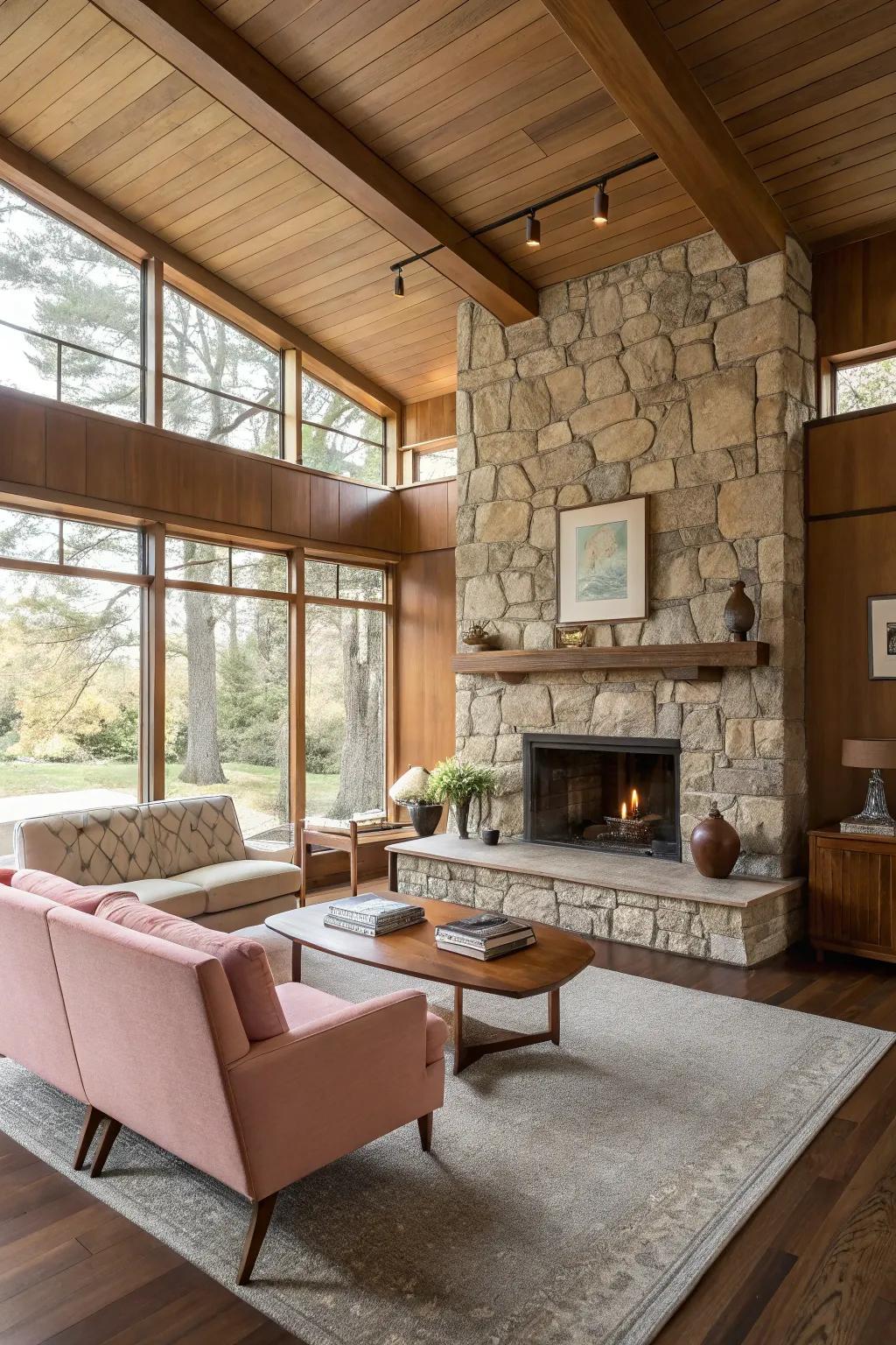 A stone or brick fireplace acts as a striking focal point in this mid-century modern living space.