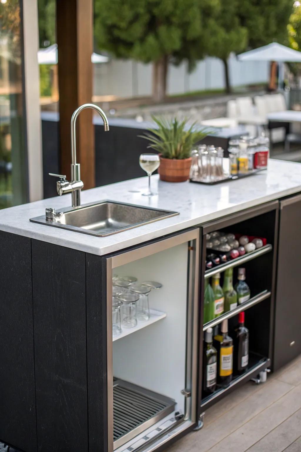 A miniature ablution facility augments the utilitarian and expediential attributes of a streamlined bar.