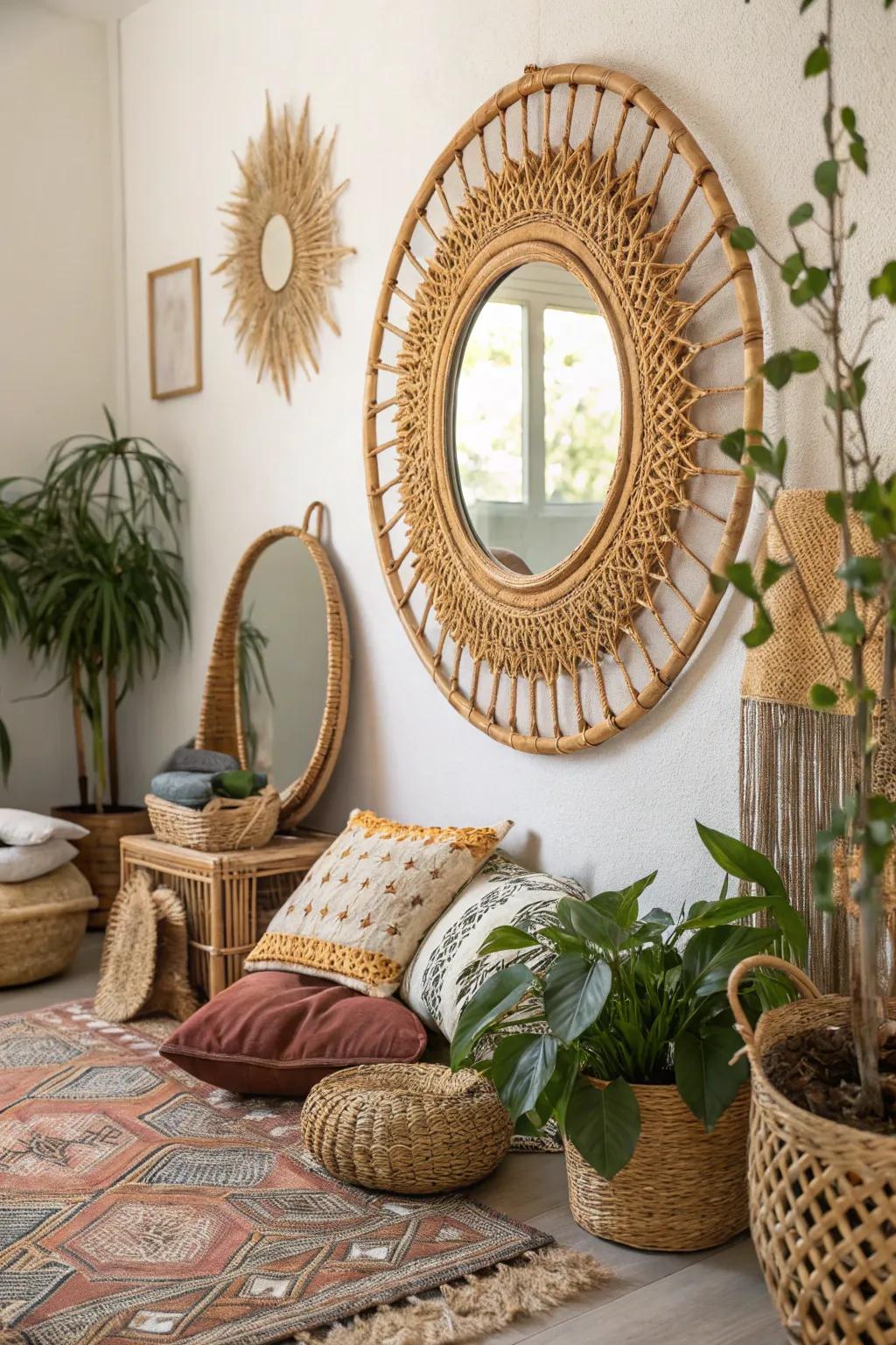 Rattan mirrors add a natural, textured element to spaces.