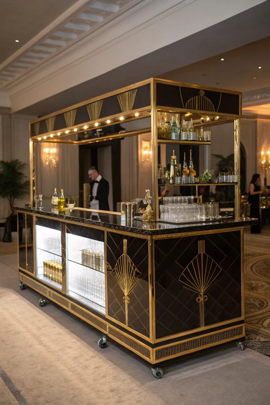Glamorous elements bring elegance to this rolling bar.