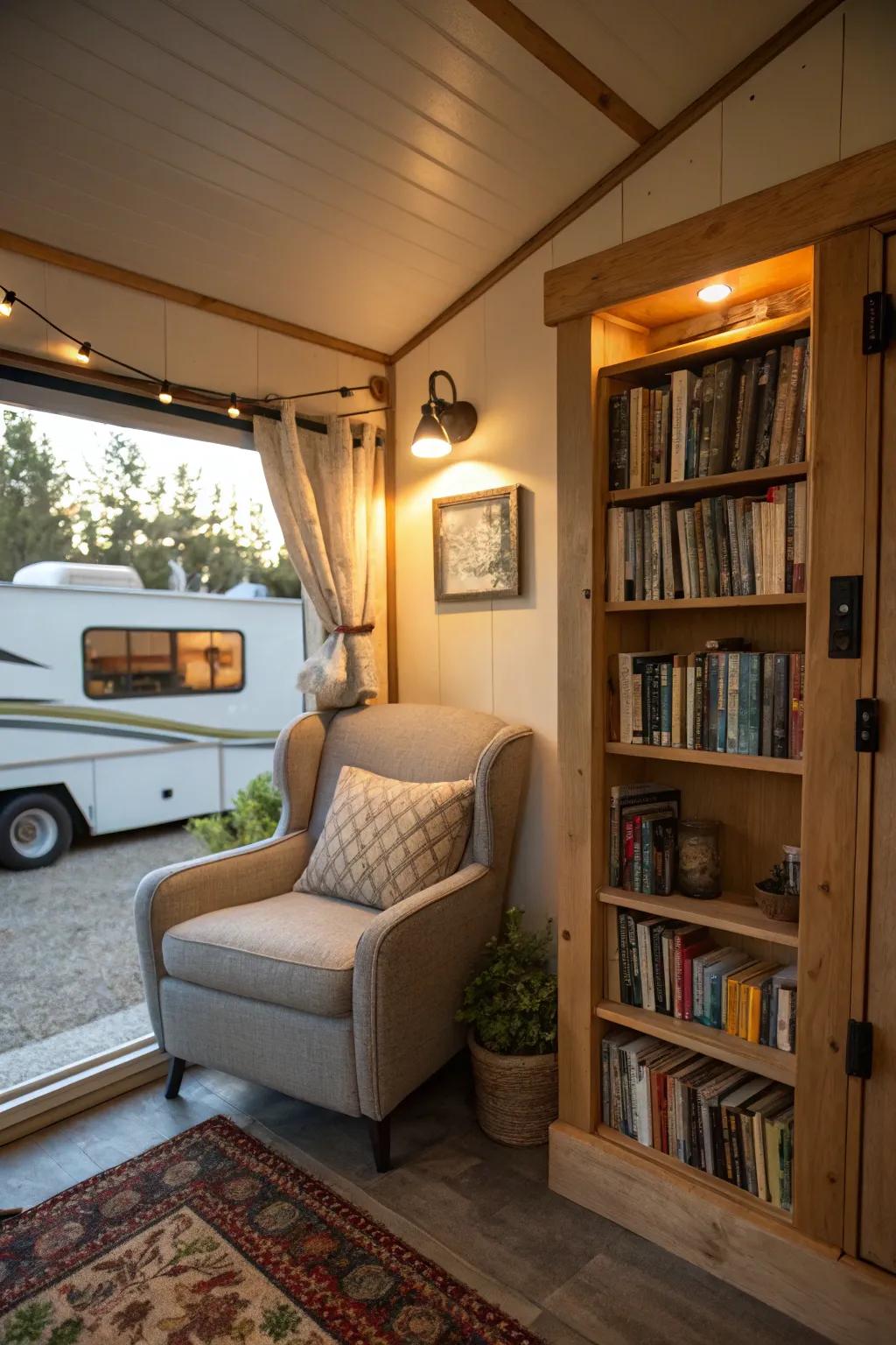 A delightful literary corner including a comfortable seat and bookshelves, ideal for literary escapes.