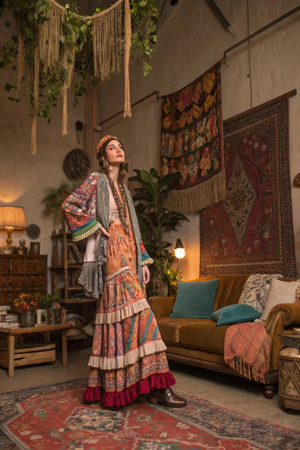 A free-spirited nomad disguise with vibrant layers.