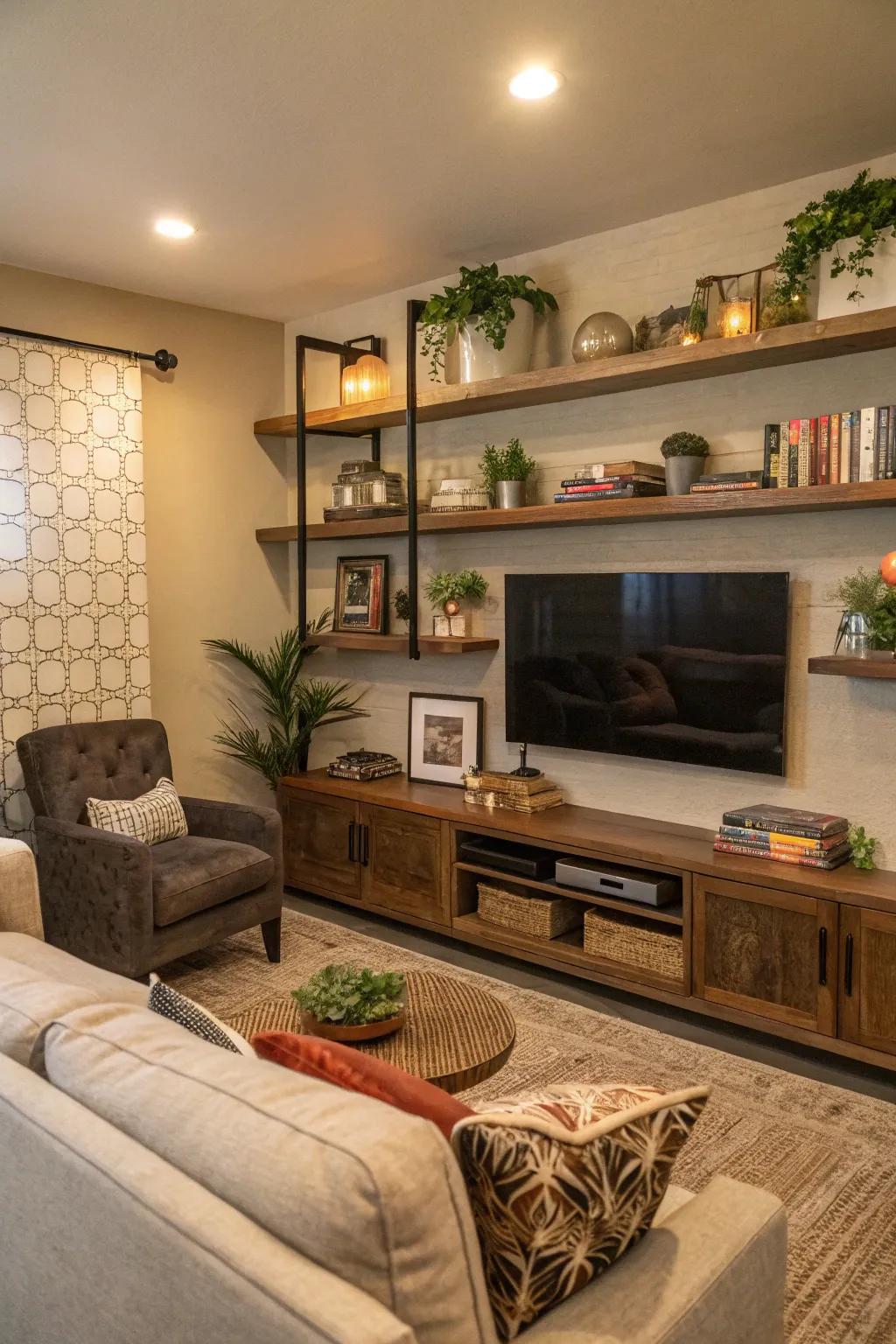 Hanging ledges fashion a functional and stylish TV wall.