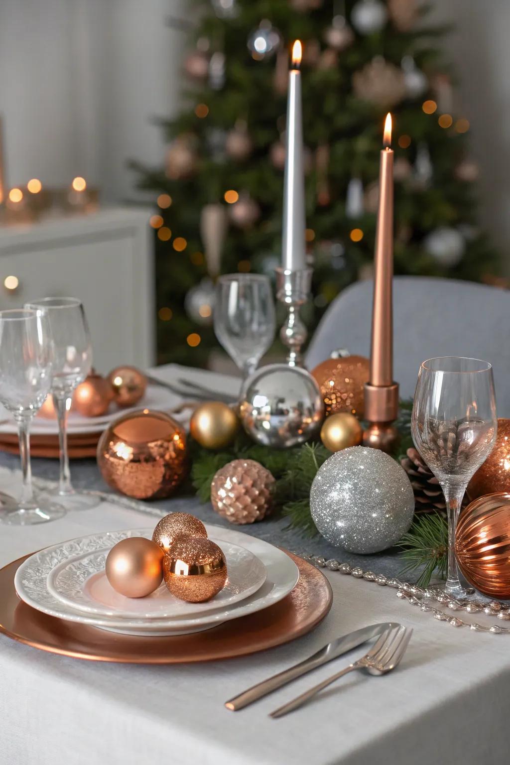 A celebratory table composition showcasing metallic silver and copper highlights.