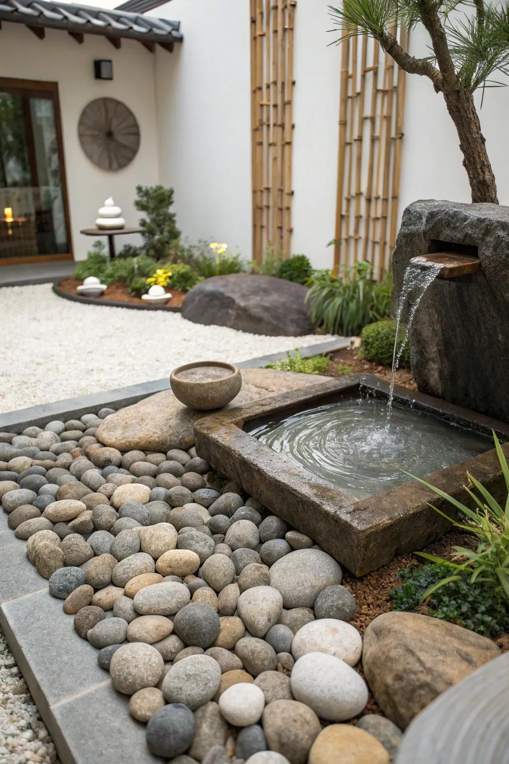 A Zen corner garden provides a peaceful space for meditation.