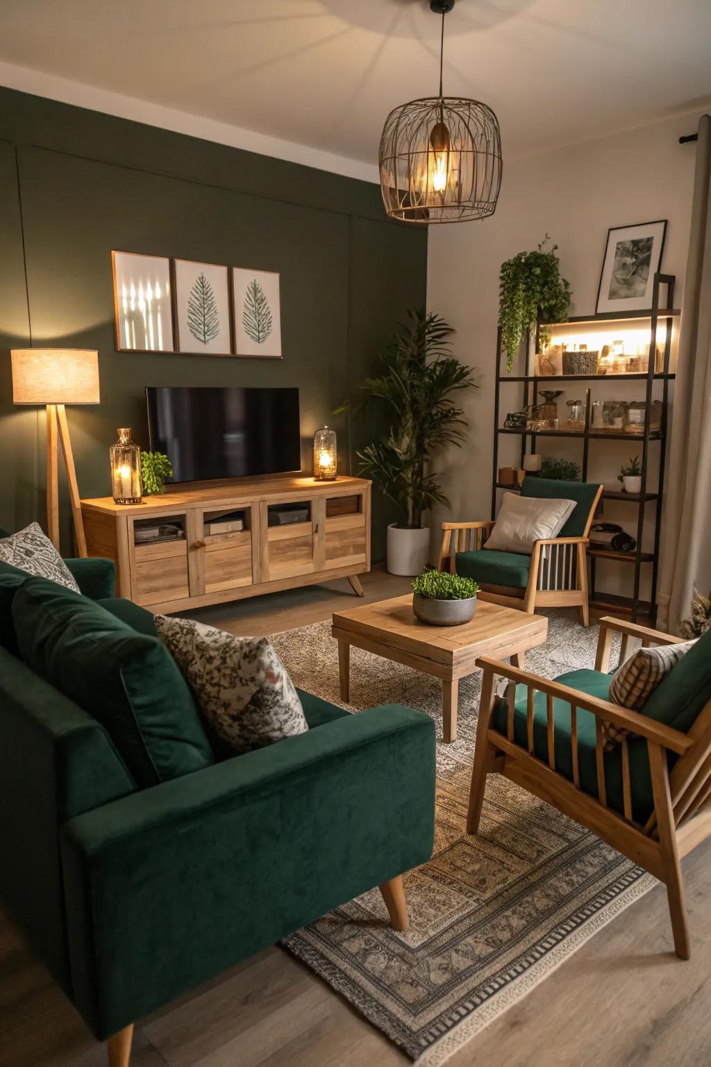 Light wood furniture balances the richness of dark green decor.