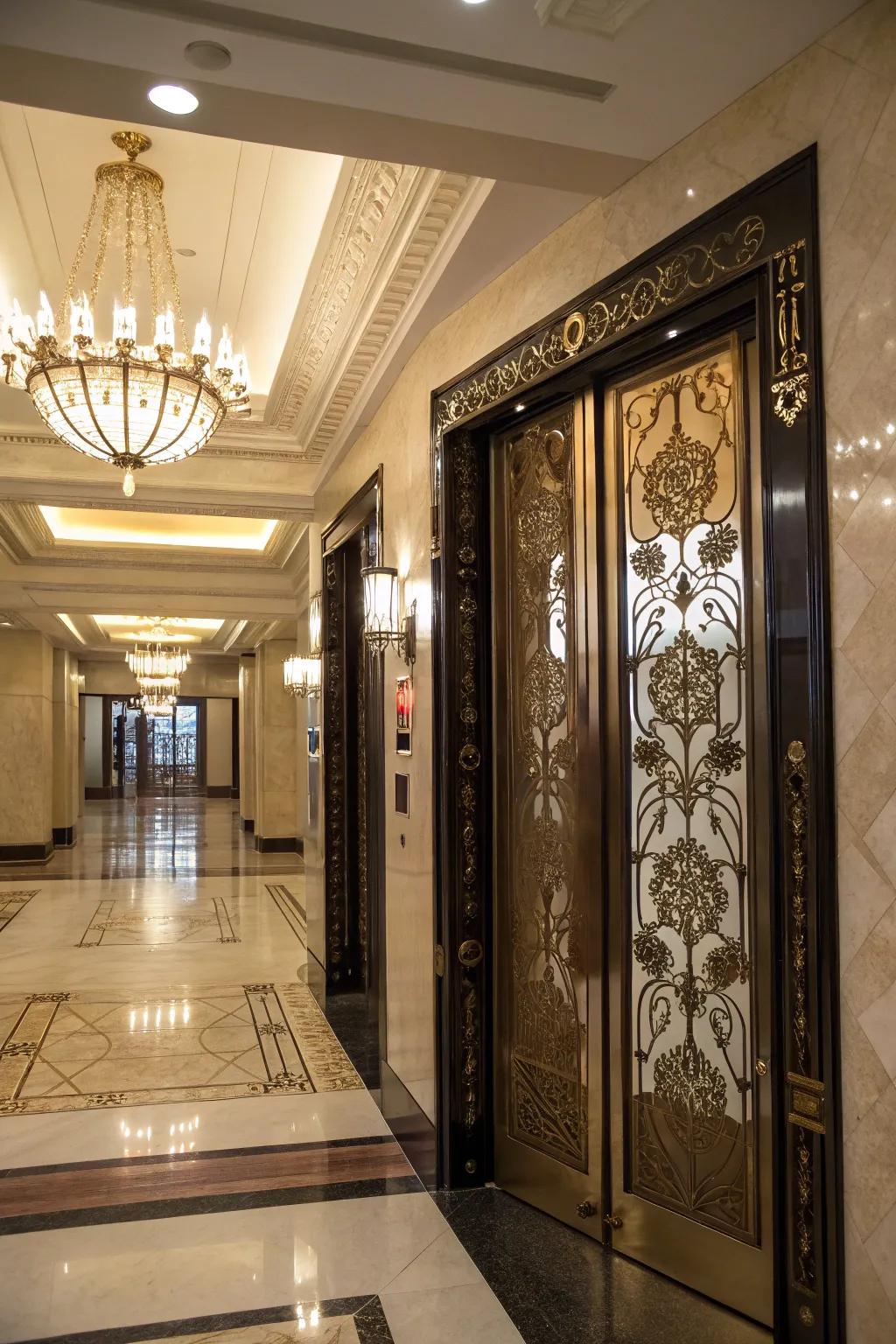An elevator boasts custom doors for a striking and stylish entry.