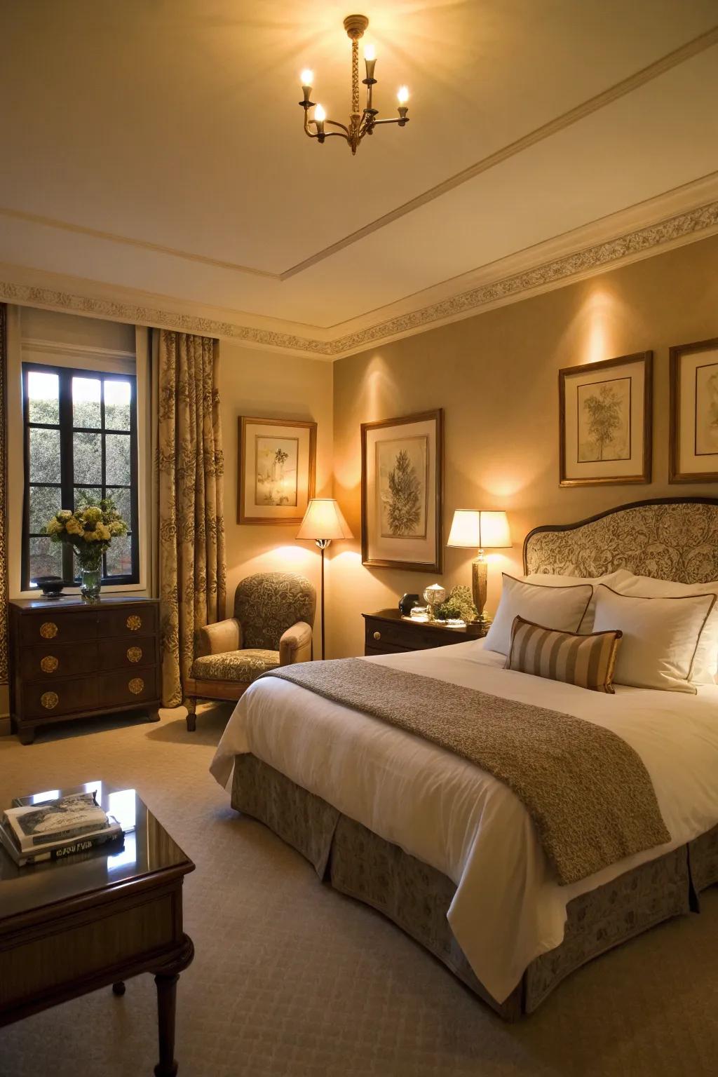 Comfortable lighting enhances the cozy and warm ambiance.