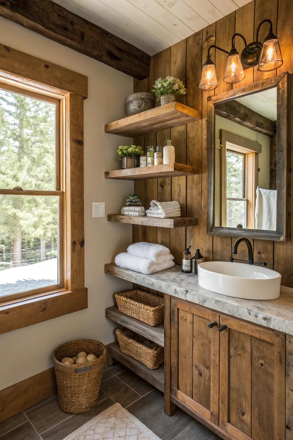 Open shelves assembled from timber enhance a powder room.