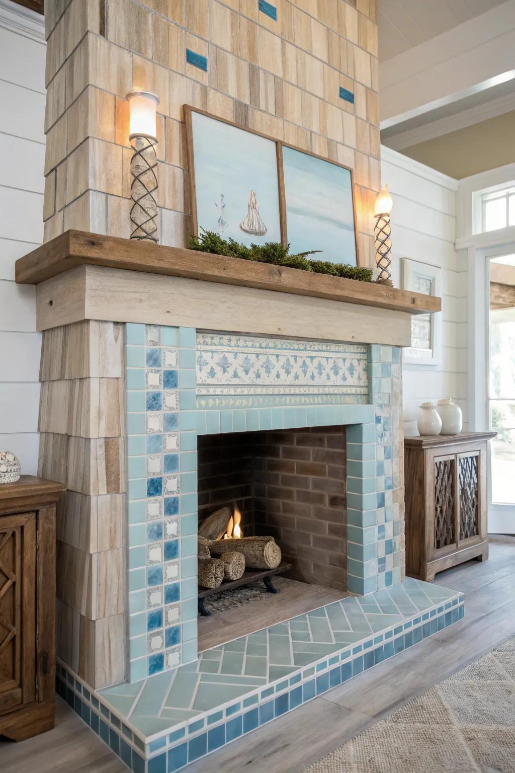 Coastal chic fireplace with blue and neutral stones.