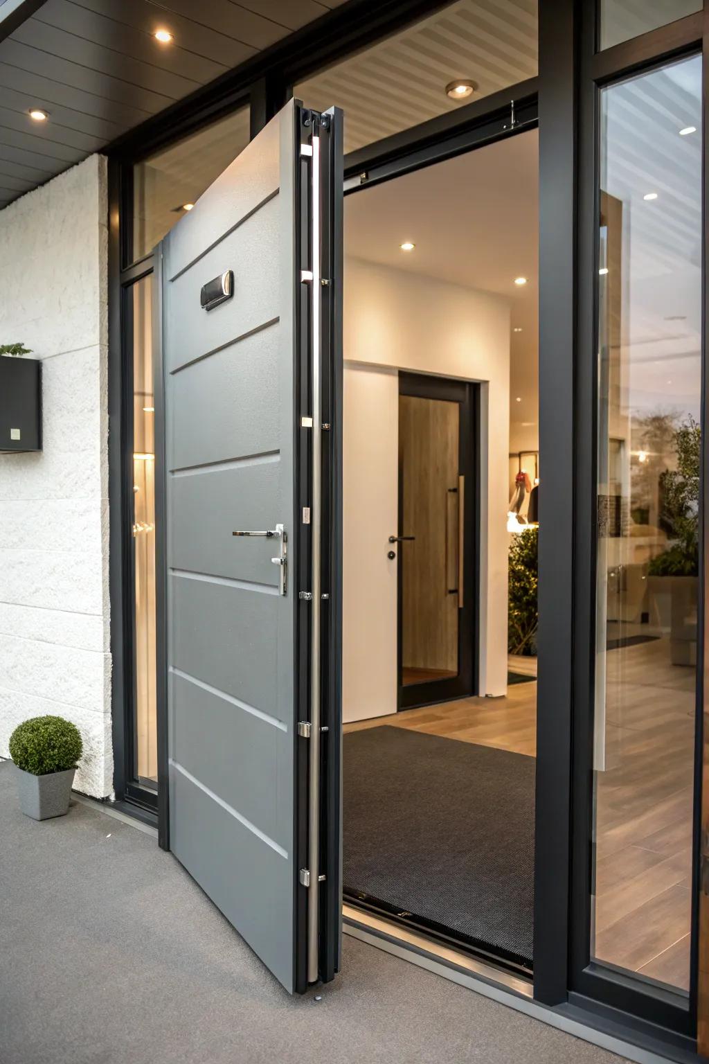 Revolving doors introduce a contemporary and dramatic portal.
