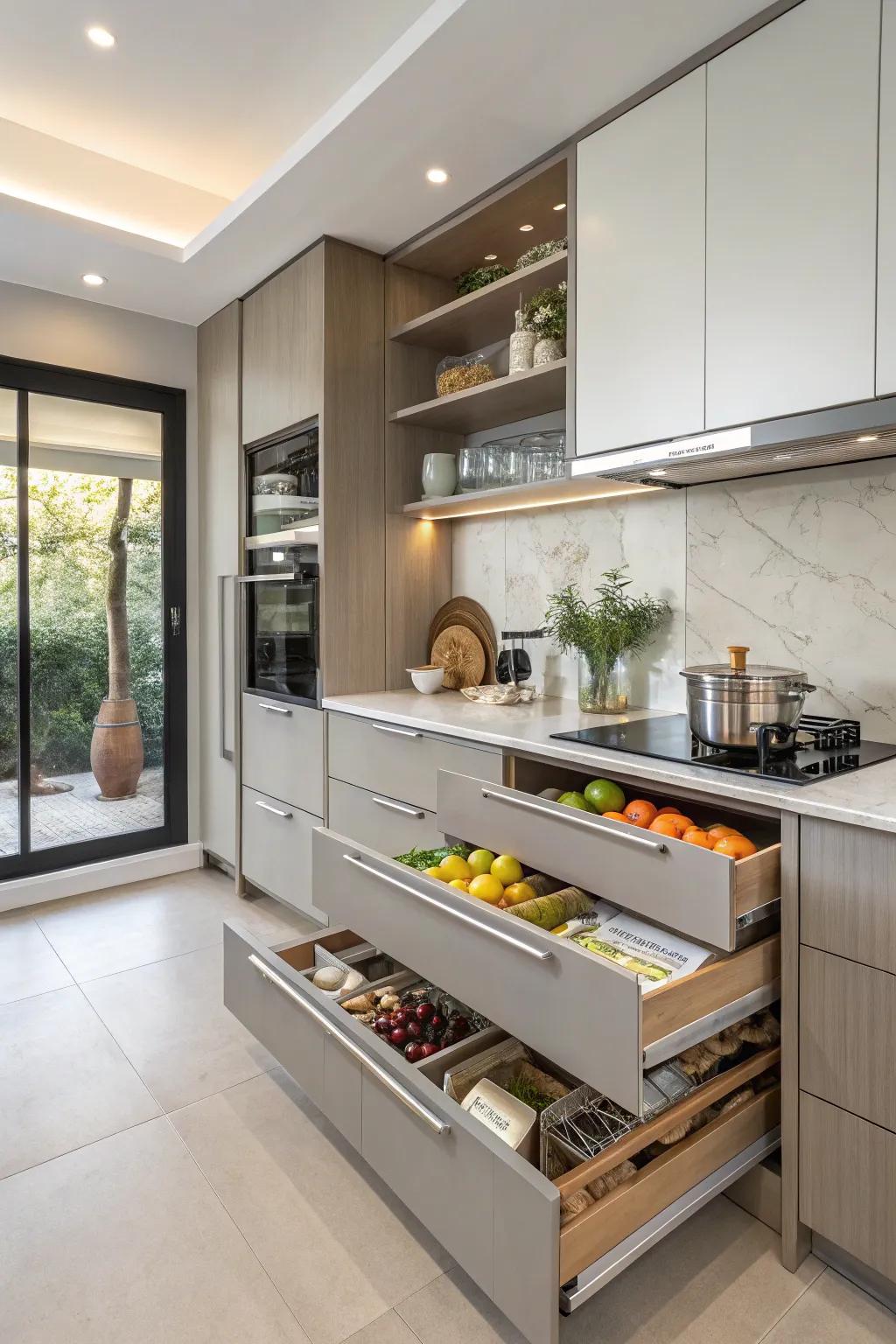 Smart storage solutions keep kitchens tidy and efficient.