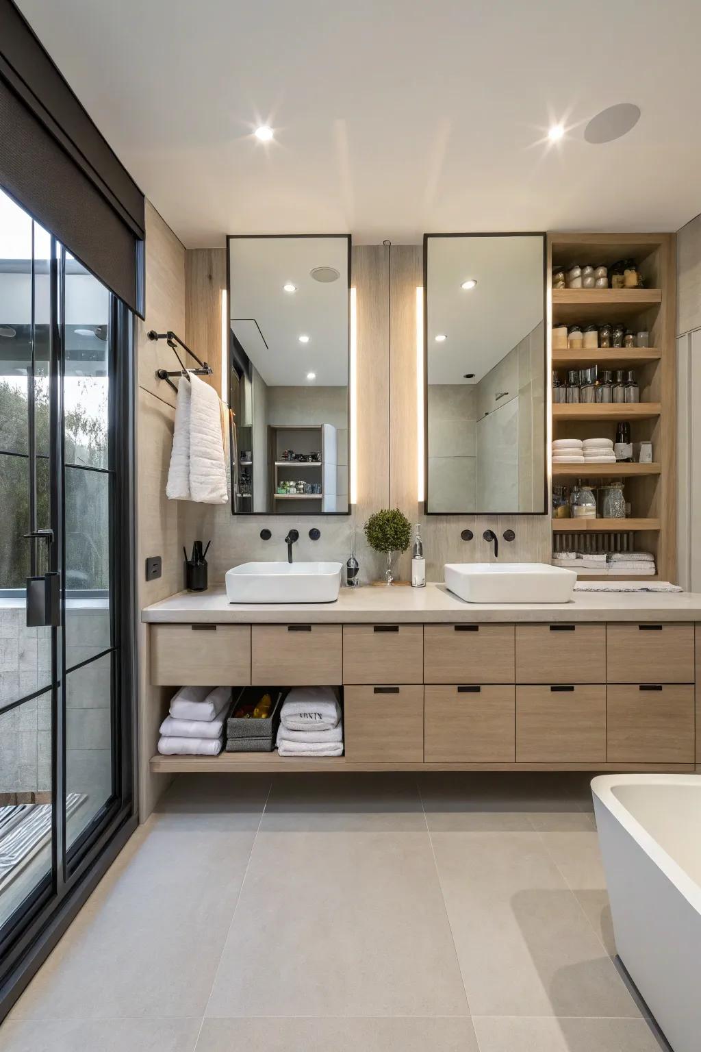 Integrated retention preserves the bathroom systematized and sophisticated.