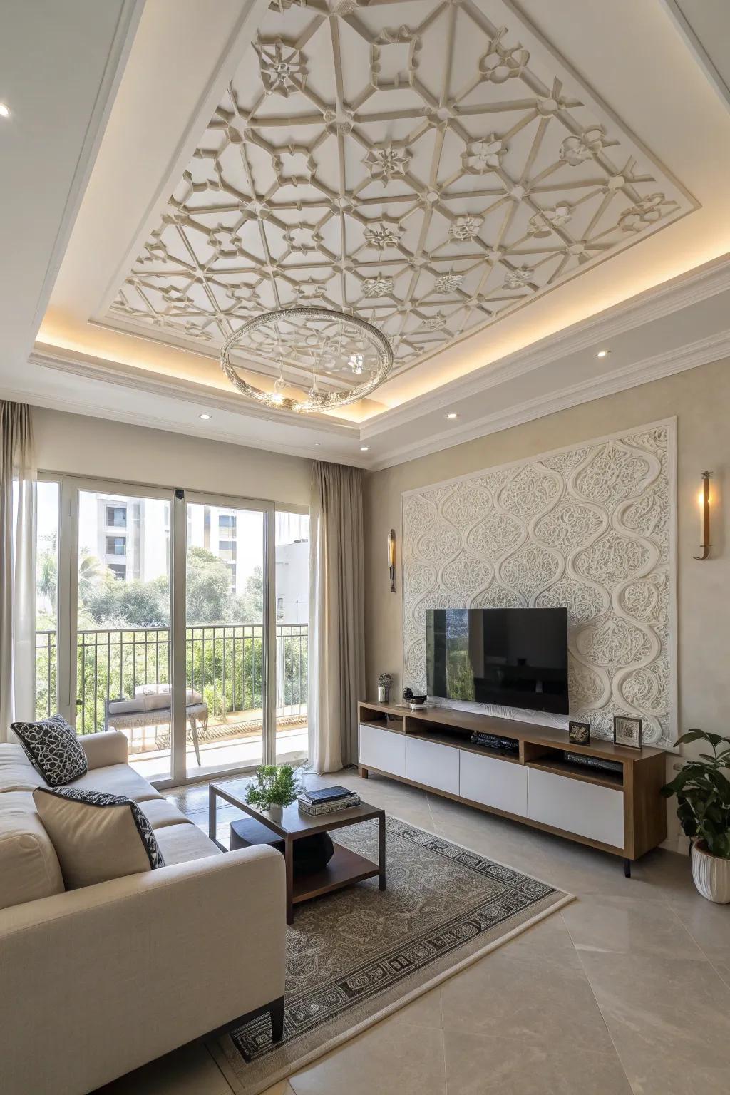 A statement ceiling stabilizes the area's artistic focus.
