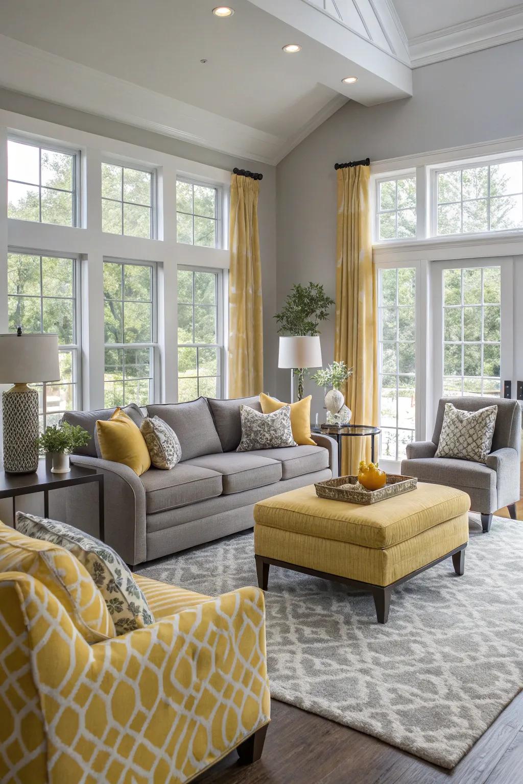 Gray and yellow establish an updated and appealing ambiance in this balanced living space.