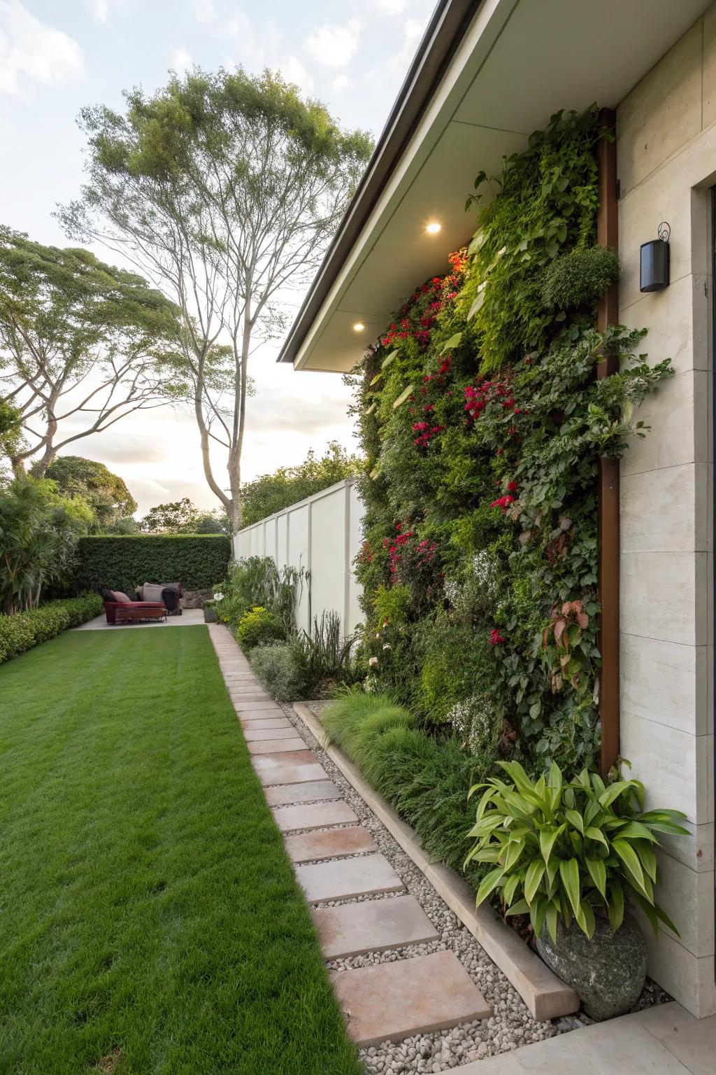 A vertical garden that provides verdant elements in a space-efficient manner in a modern front yard.
