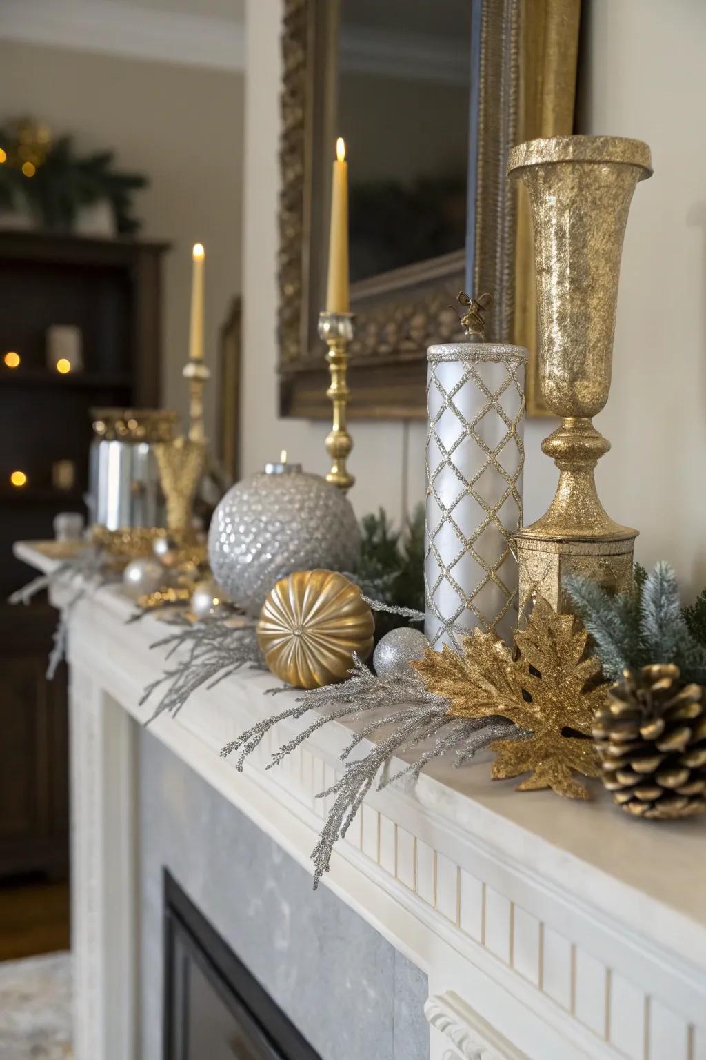 Uniting metallic elements can infuse a luxurious radiance into your mantel.