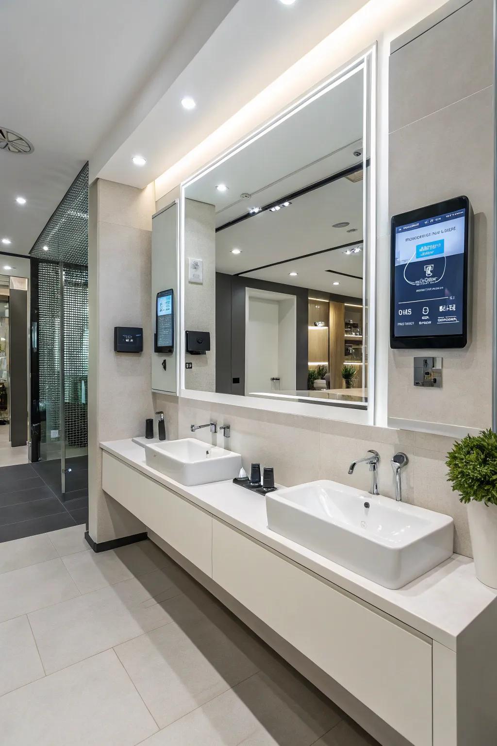 Integrated technology delivers convenience to the contemporary primary bathroom.