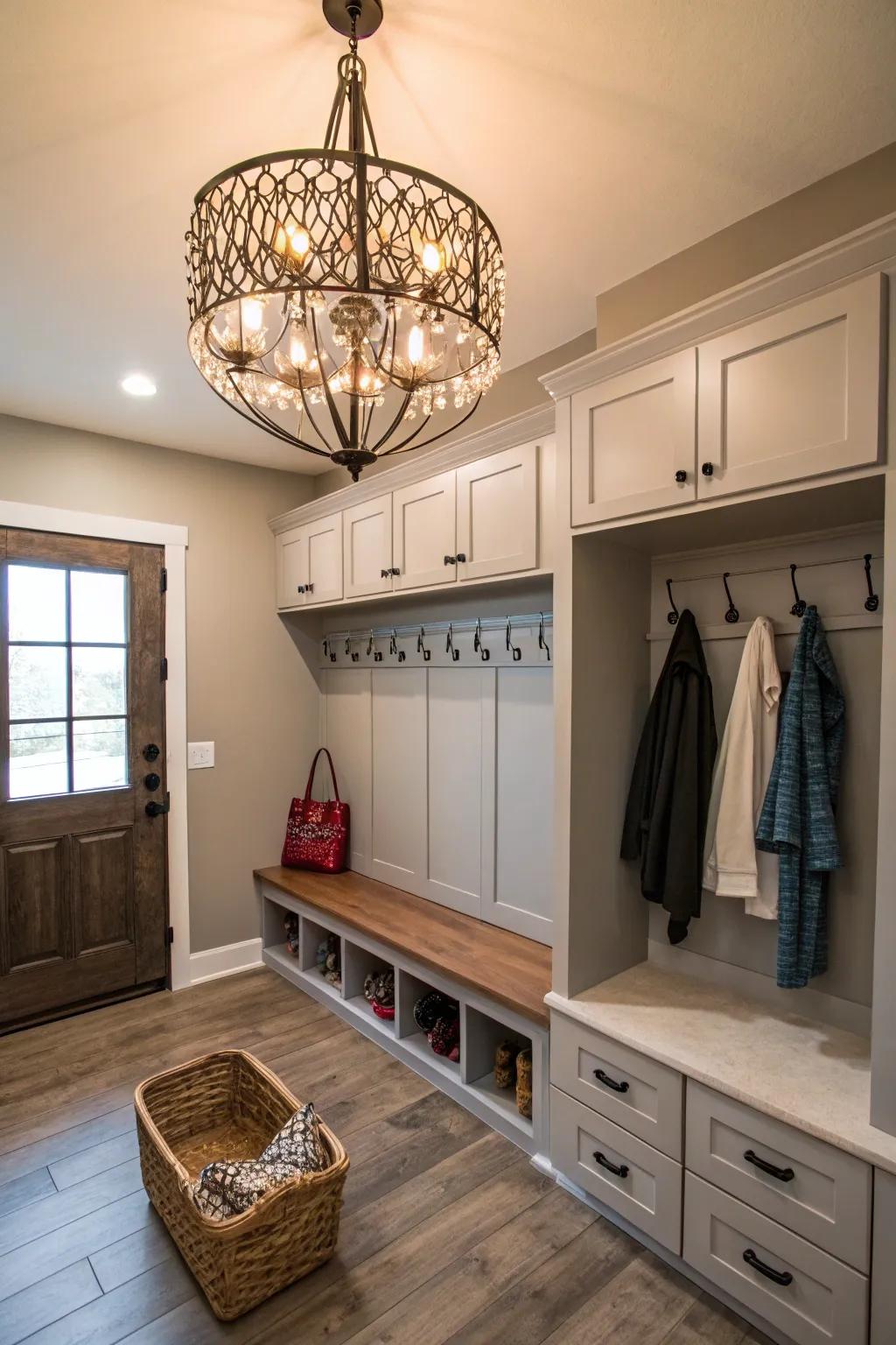 A striking lighting fixture enhances the refinement of your mudroom.
