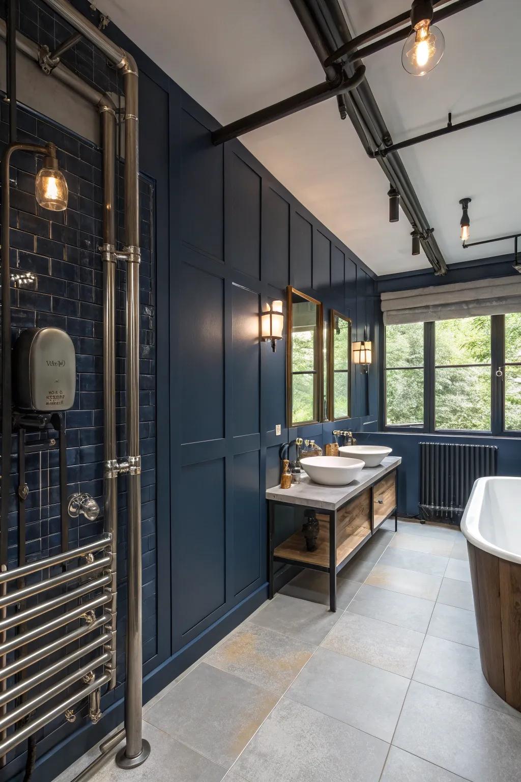 Industrial elements impart a raw edge to midnight blue bathrooms.
