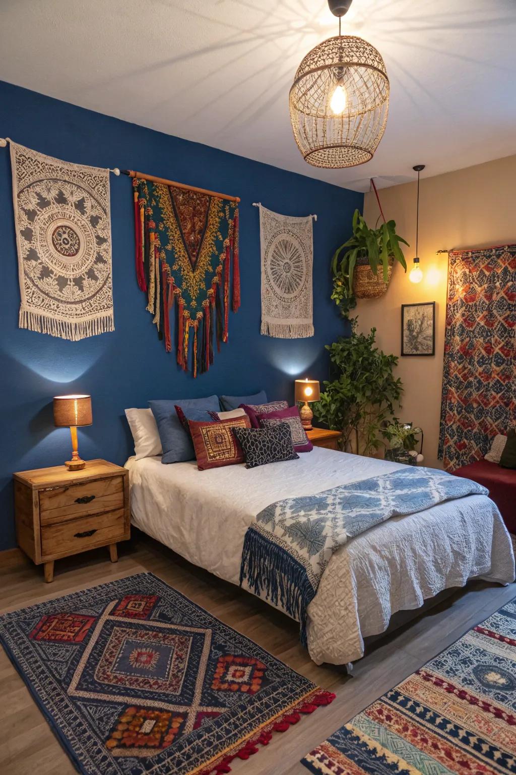 Bohemian wall hangings add a whimsical touch to the sapphire blue bedroom.