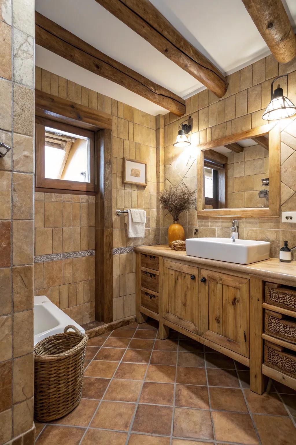Organic ground tiles harmonizing exquisitely with rustic wood.